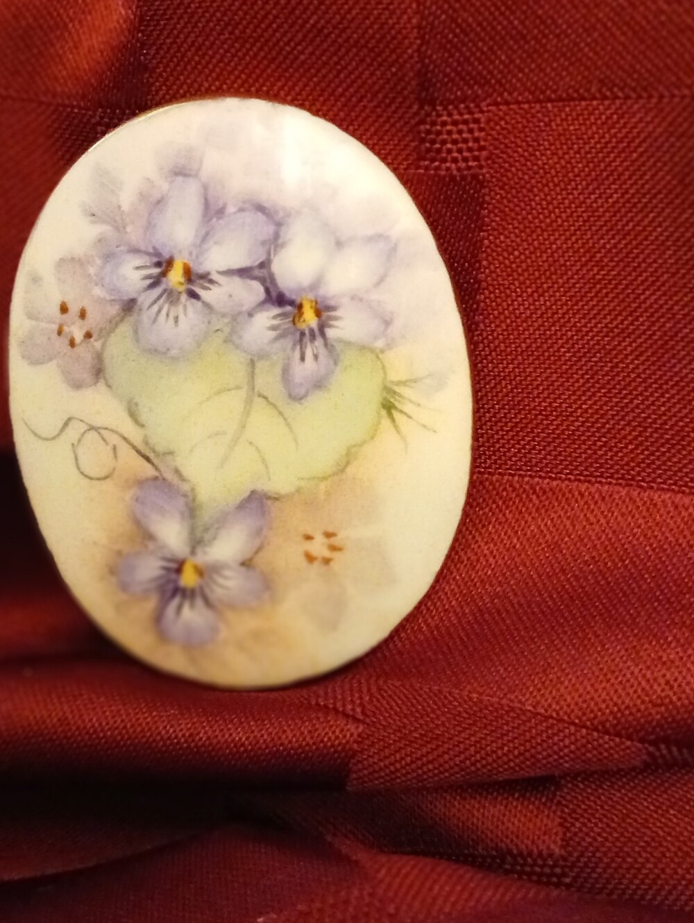 Hand-Painted Violet Floral Oval Brooch - Lavender and Green